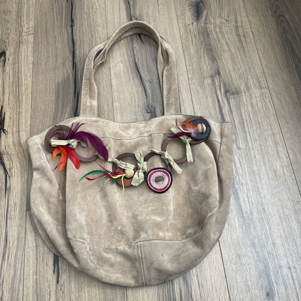 Authentic MARNI Suede Hobo Large Tote Bag Leather Trim Feathers Colorful Boho